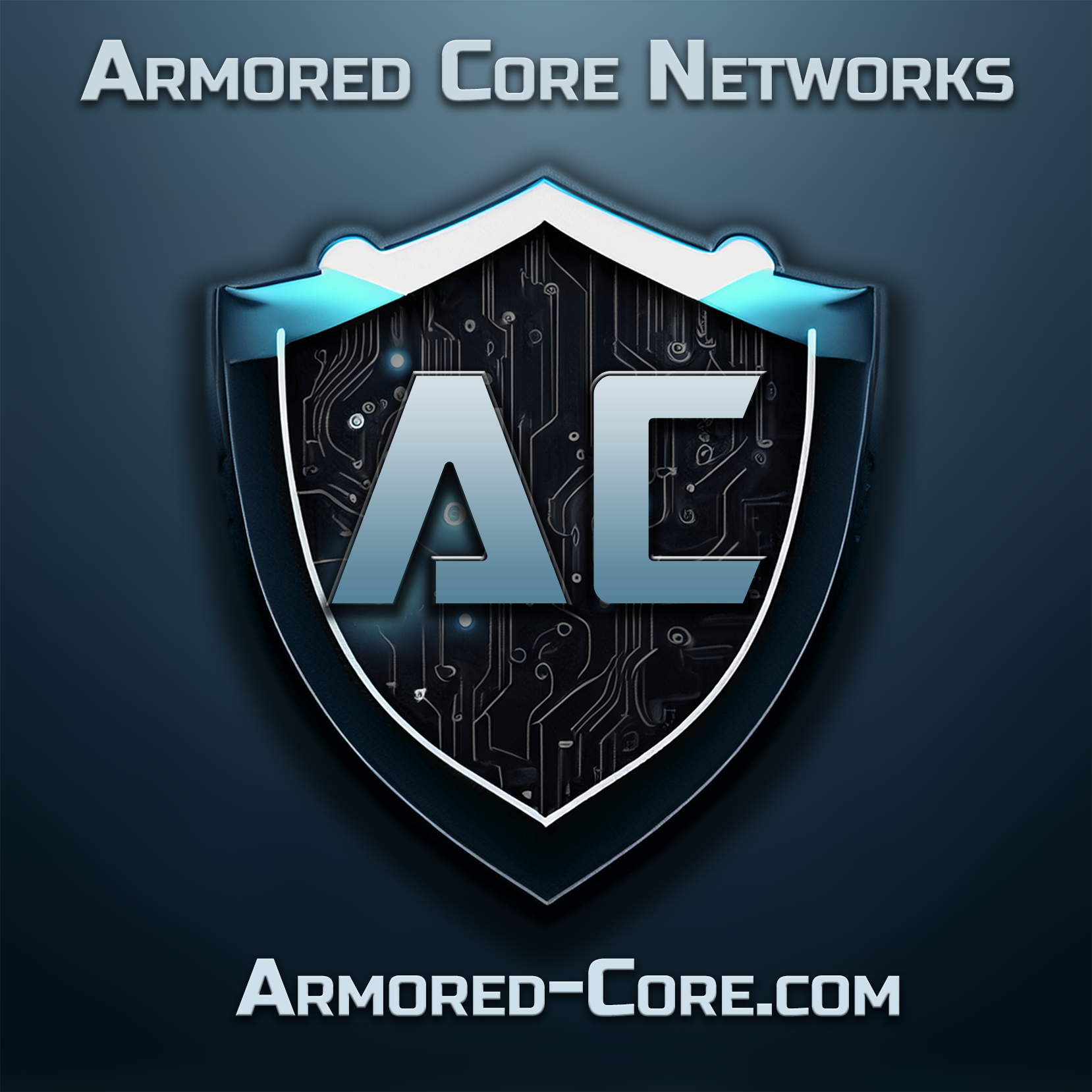 Armored Core Networks logo - a shield with digital looking aesthetic with the letters AC in the middle