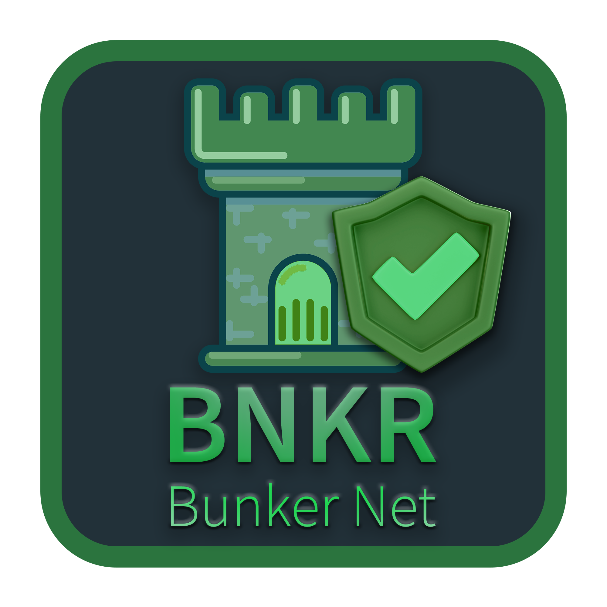 Bunker Net logo - a green, rounded square with a castle and a shield overlaid on top of it. Beneath are the stylized BNKR letters with the text 'Bunker Net.'