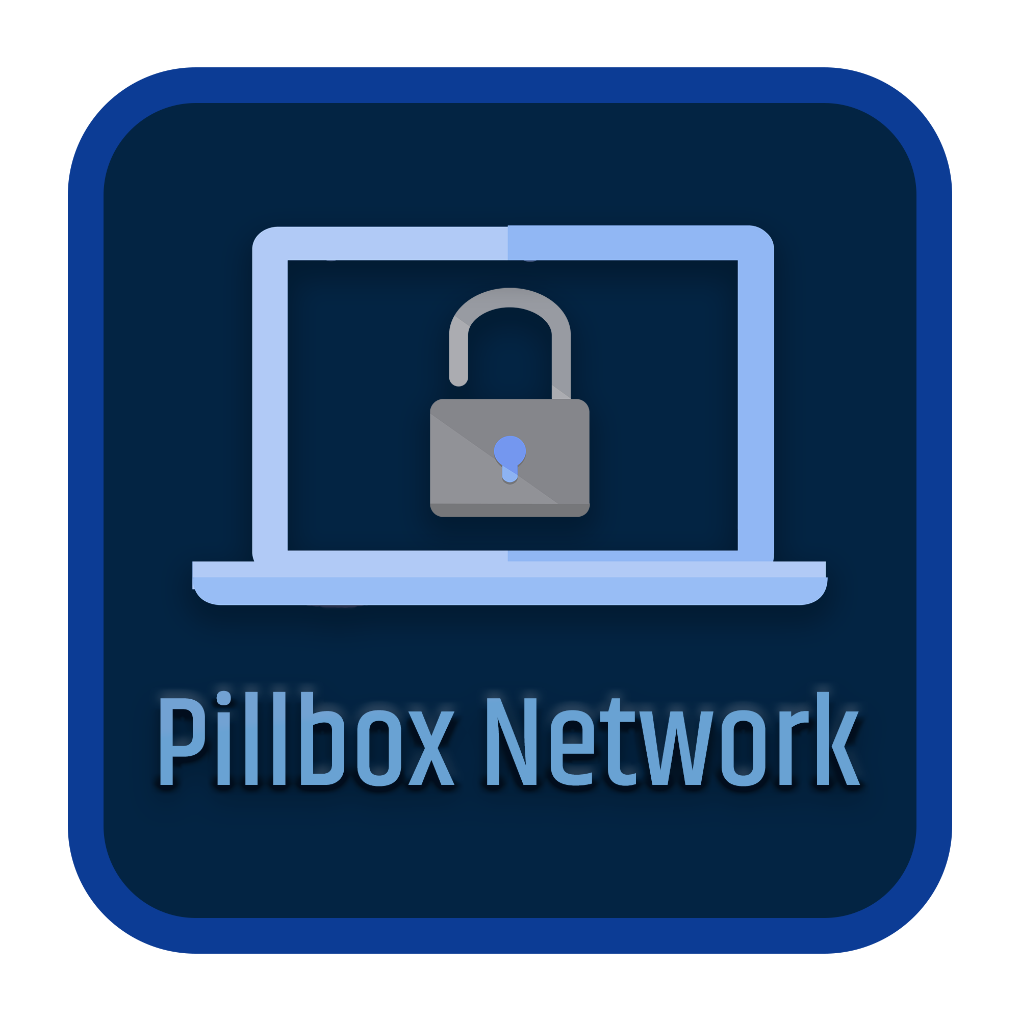 Pillbox Networks logo - a blue, rounded square with the white outline of a laptop in the center and a gray padlock in the center of the screen. Beneath is the stylized text 'Pillbox Network.'